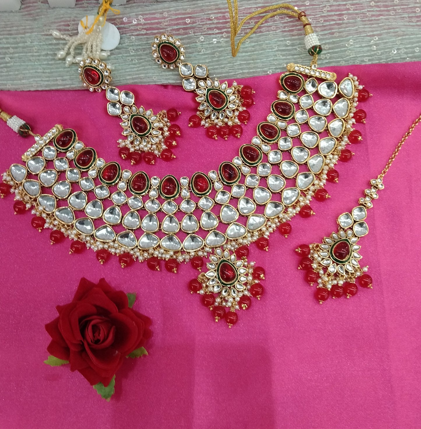 Red Kundan Necklace Jewellery Lite Set