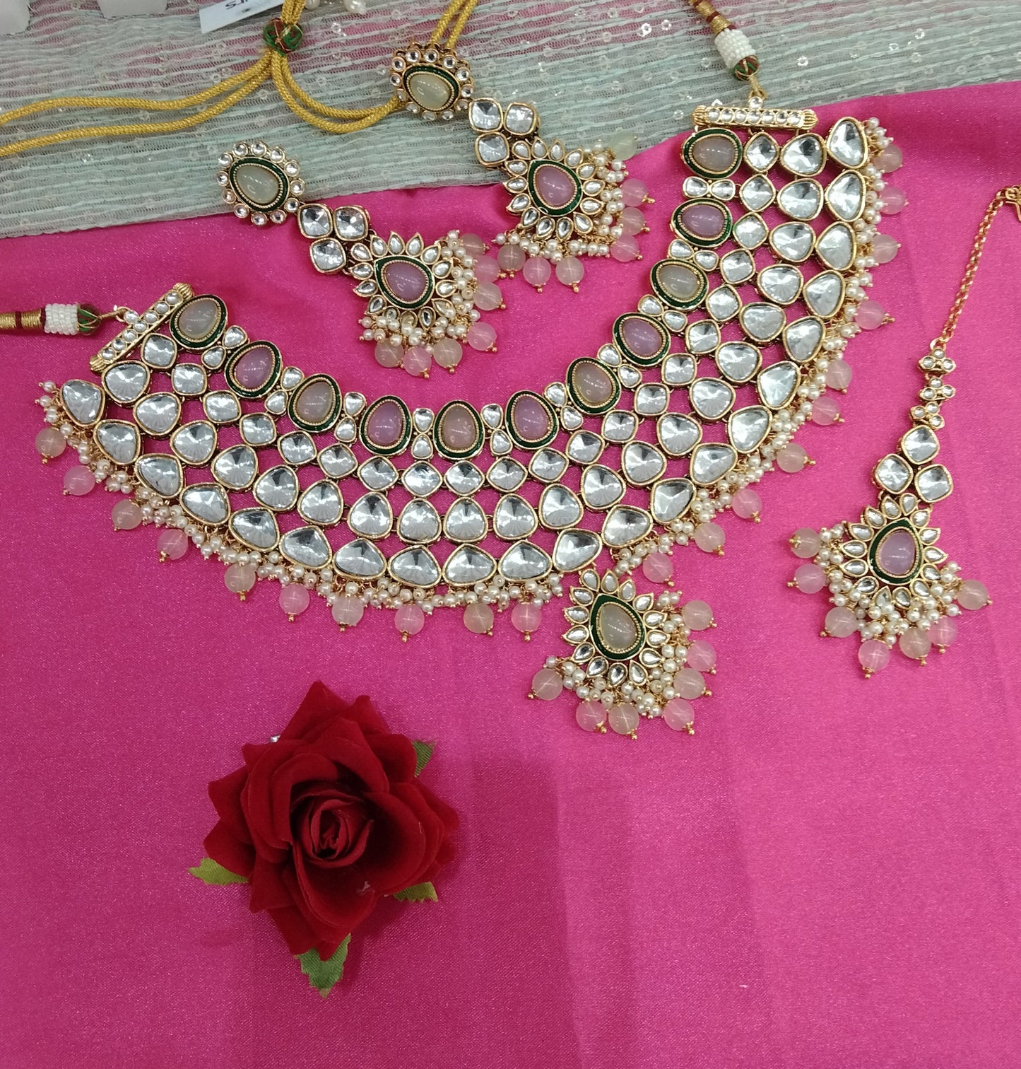 Mint Pink Kundan Necklace Jewellery Lite Set