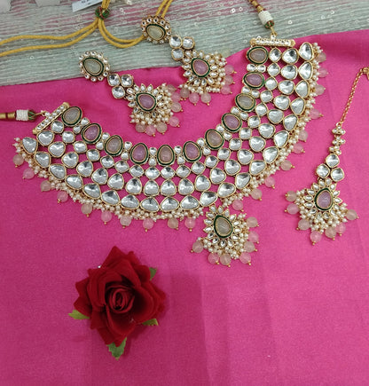Mint Pink Kundan Necklace Jewellery Lite Set