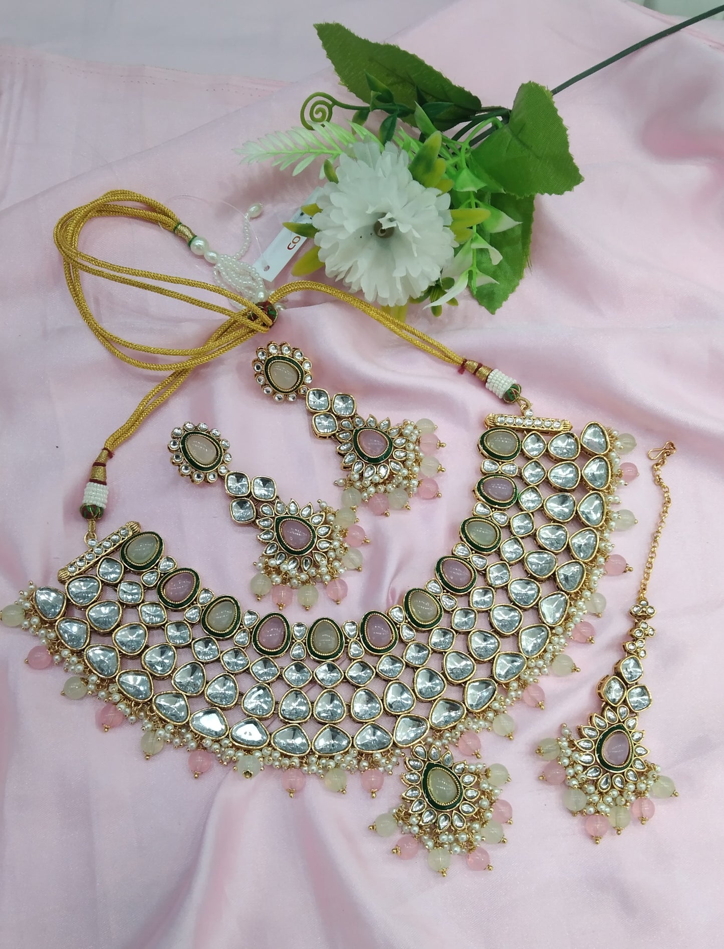 Mint Pink Kundan Necklace Jewellery Lite Set