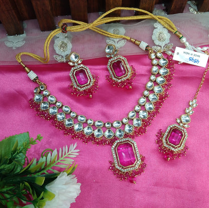 Rani Pink Kundan Necklace Jewellery Legend Set