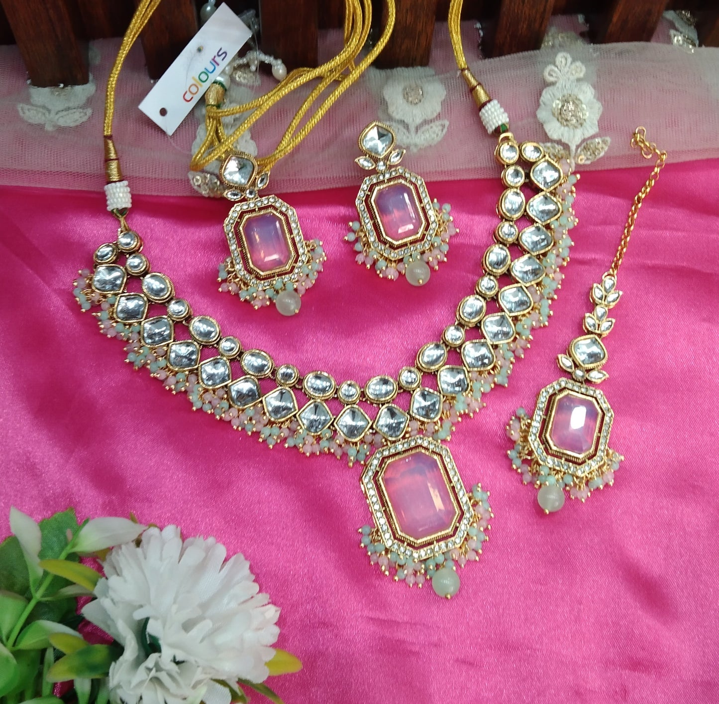 Mint Pink Kundan Necklace Jewellery Legend Set