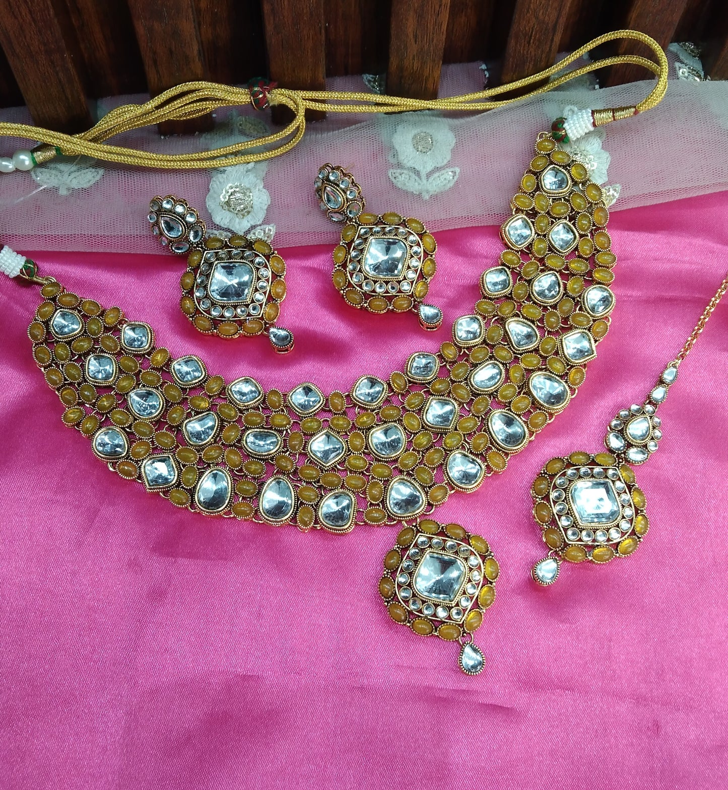 Yellow Kundan Necklace Jewellery Life Set