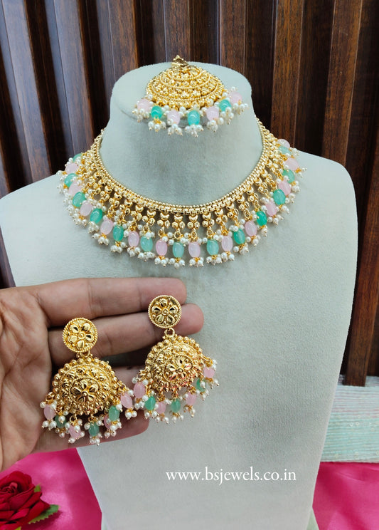 Mint Pink Gold Look Punjabi Style Necklace Jewellery Asha Set