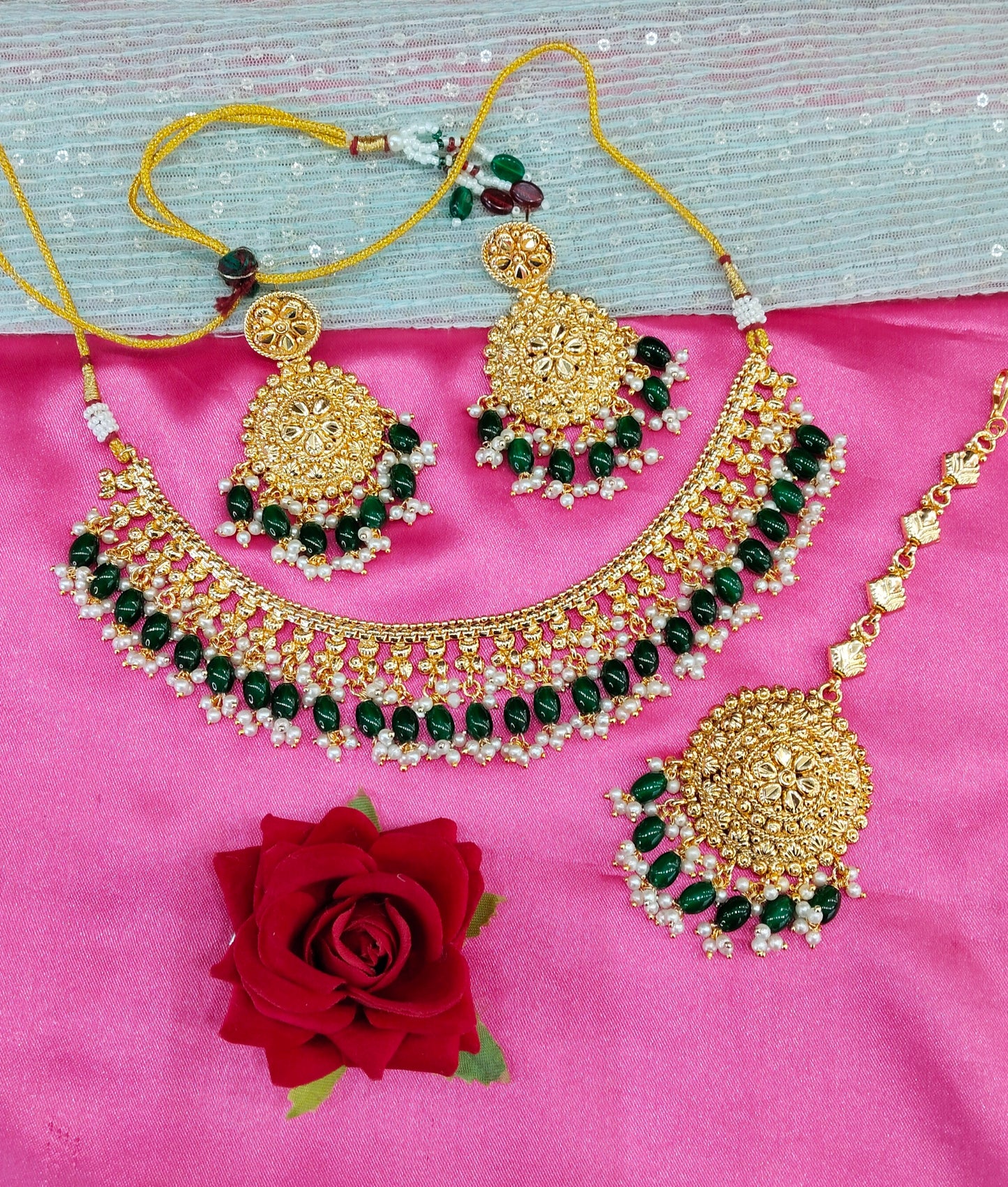 Green Gold Look Punjabi Style Necklace Jewellery Asha Set