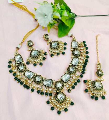 Green Kundan Necklace Jewellery Letter Set