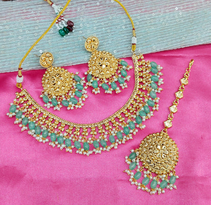 Sege Green Gold Look Punjabi Style Necklace Jewellery Asha Set
