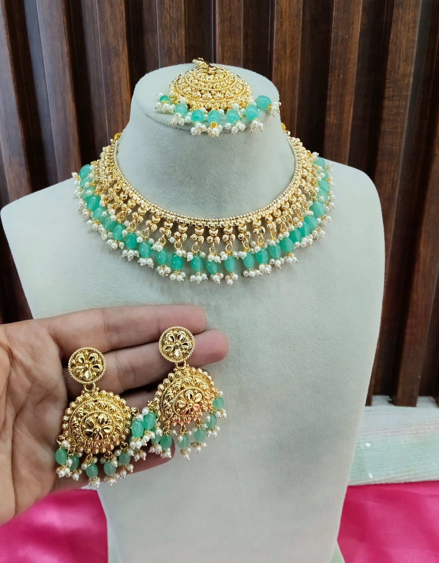 Sege Green Gold Look Punjabi Style Necklace Jewellery Asha Set