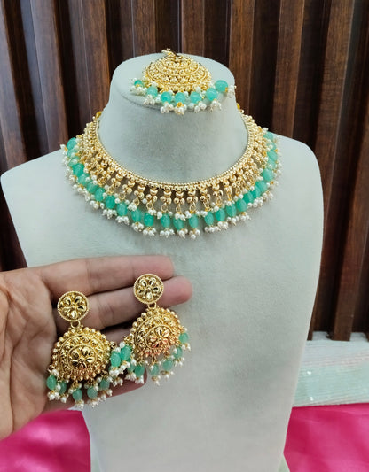 Sege Green Gold Look Punjabi Style Necklace Jewellery Asha Set