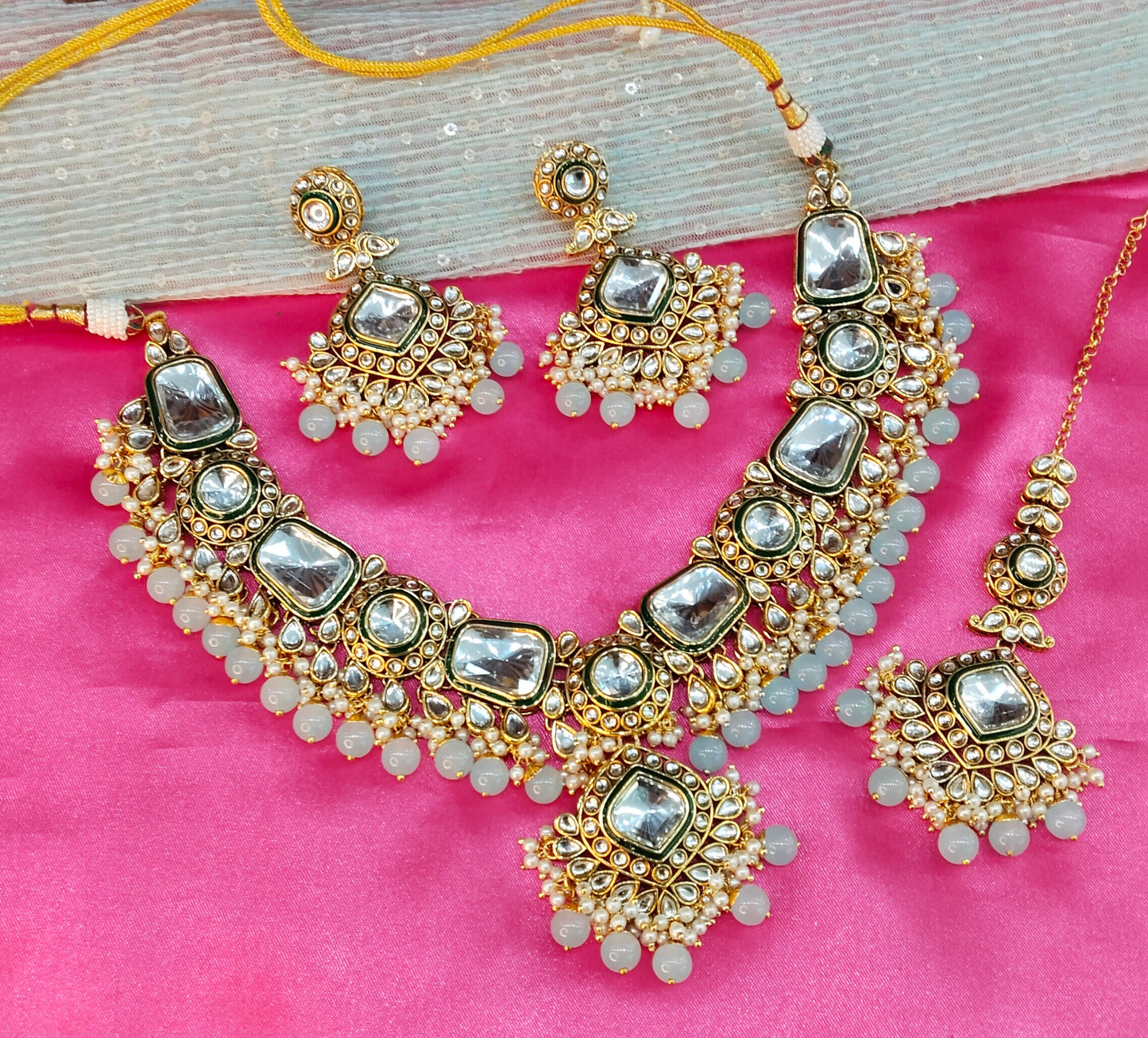 Sea Green Kundan Necklace Jewellery Letter Set
