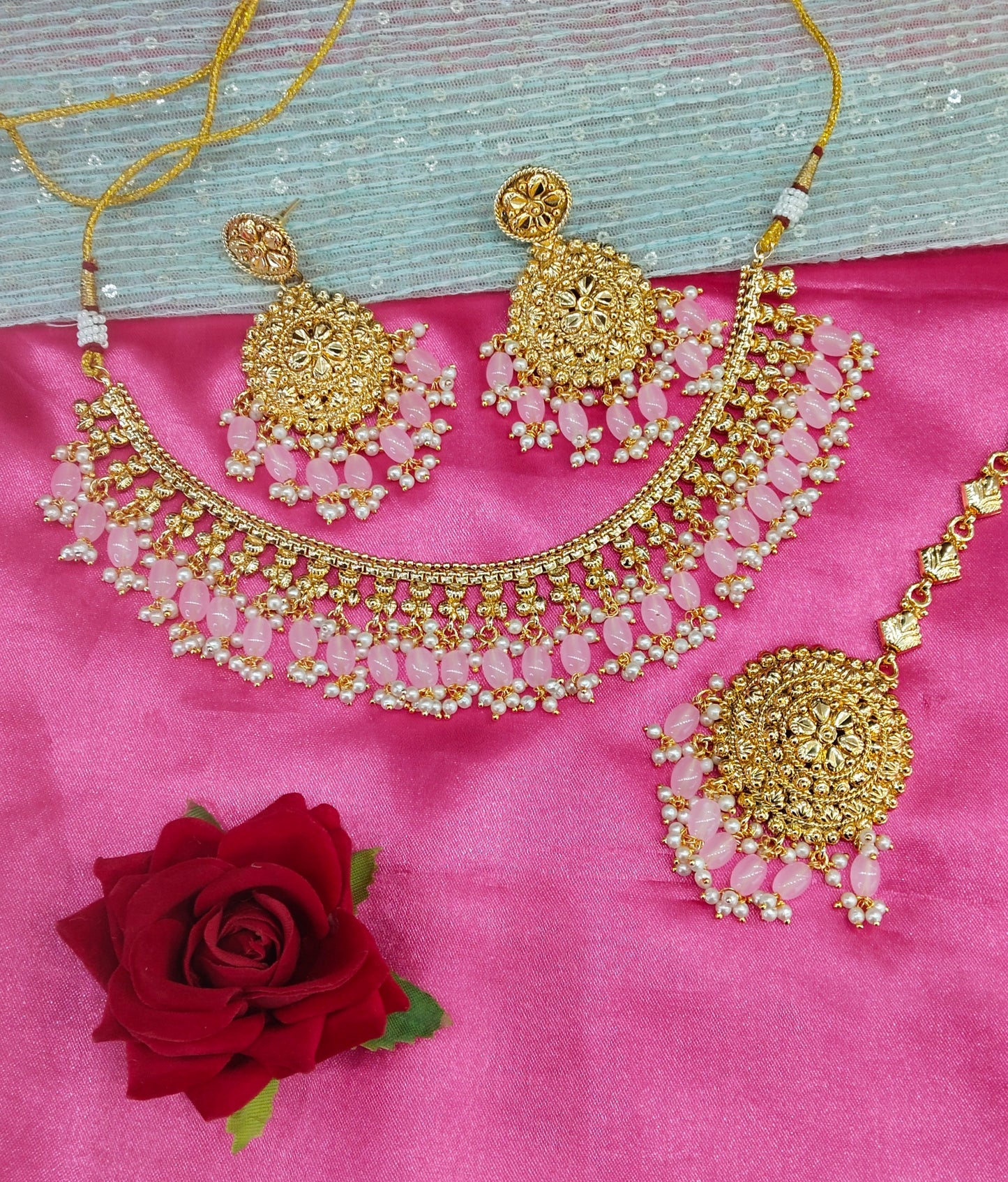 Pink Gold Look Punjabi Style Necklace Jewellery Asha Set