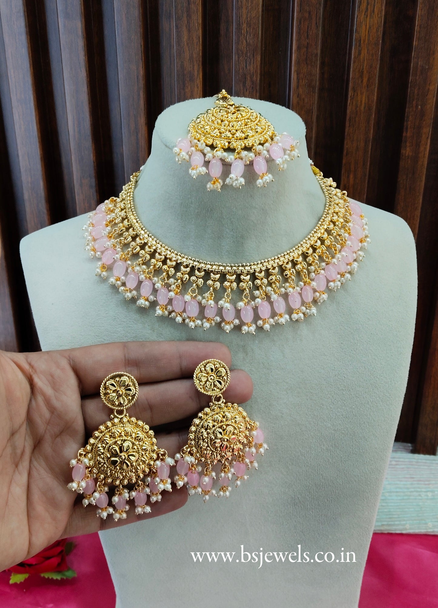 Pink Gold Look Punjabi Style Necklace Jewellery Asha Set
