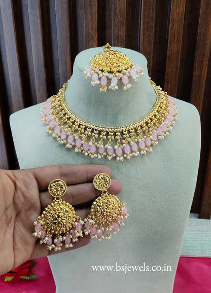 Pink Gold Look Punjabi Style Necklace Jewellery Asha Set
