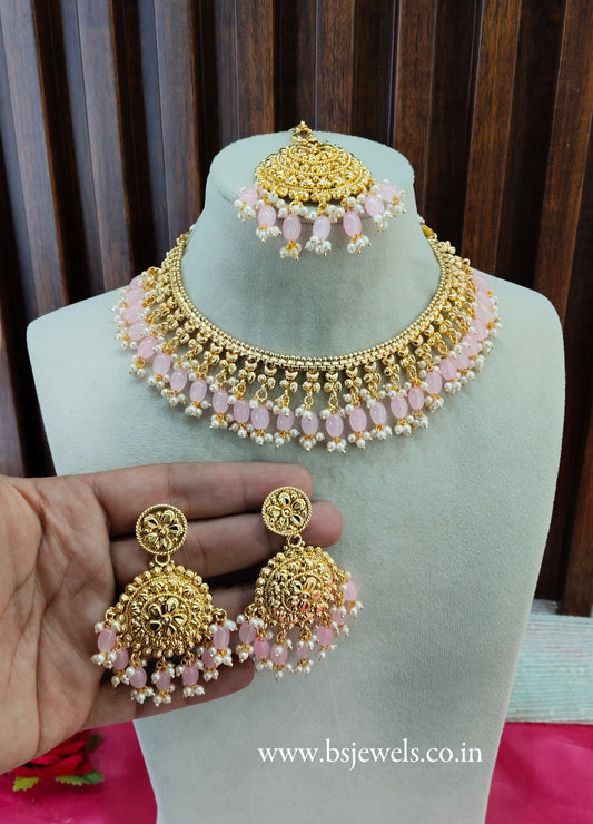 Pink Gold Look Punjabi Style Necklace Jewellery Asha Set
