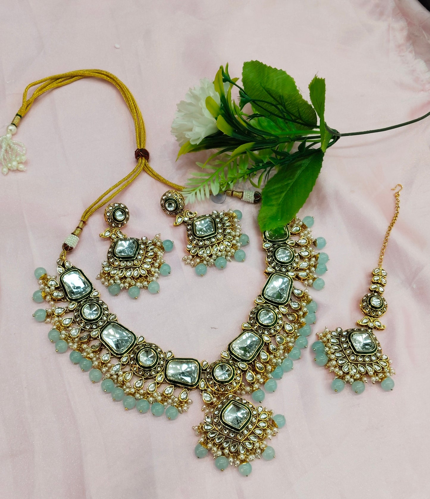 Sea Green Kundan Necklace Jewellery Letter Set