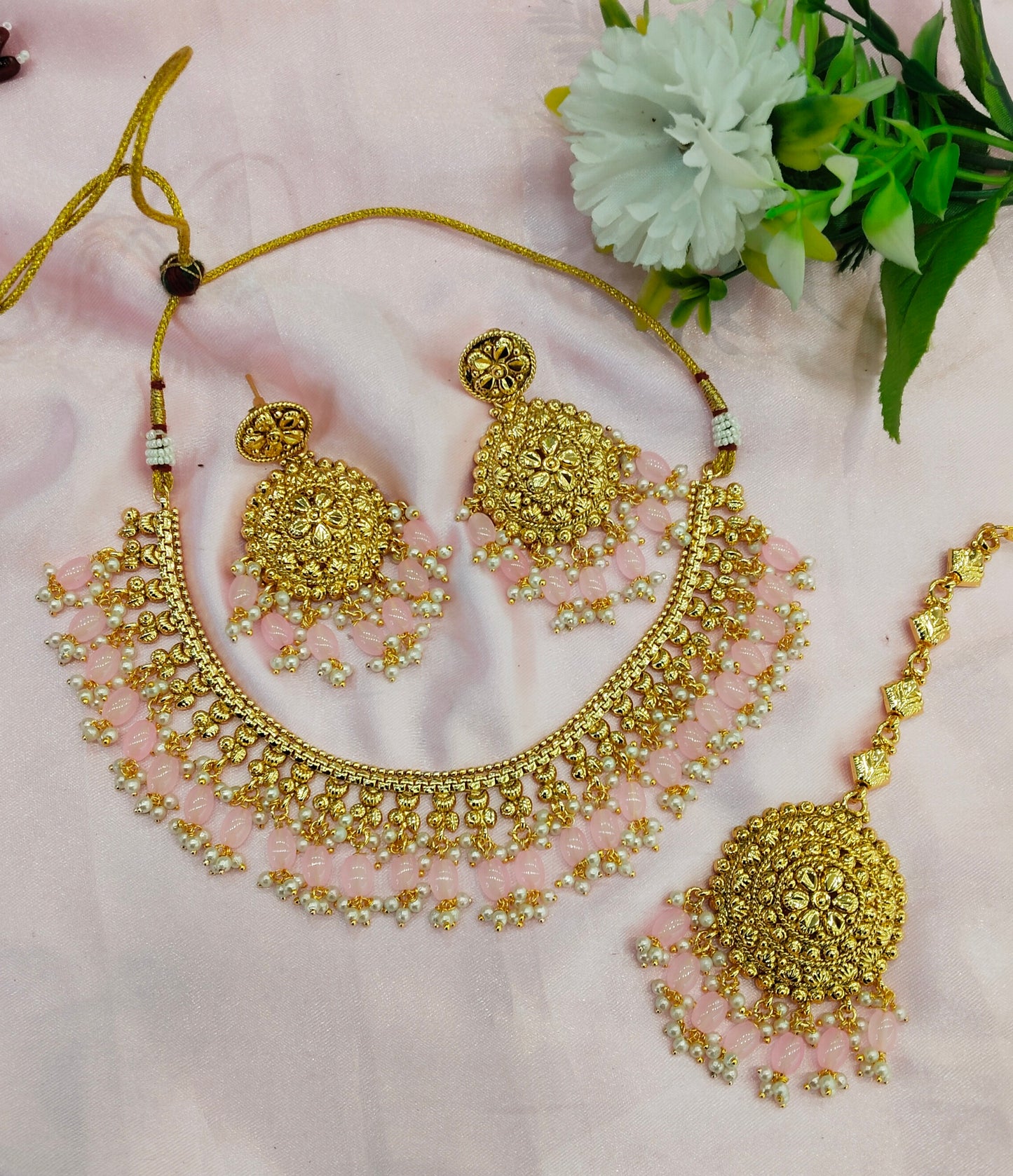 Pink Gold Look Punjabi Style Necklace Jewellery Asha Set