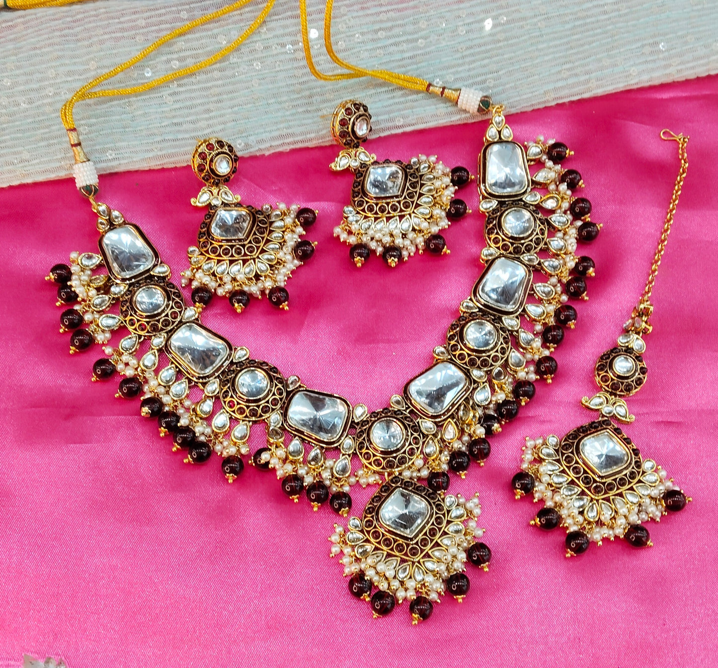 Maroon Kundan Necklace Jewellery Letter Set
