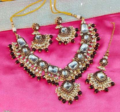 Maroon Kundan Necklace Jewellery Letter Set