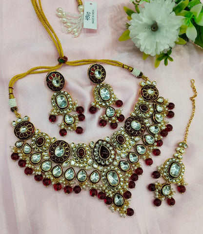 Maroon Meenakari Kundan Necklace Jewellery Aman Set