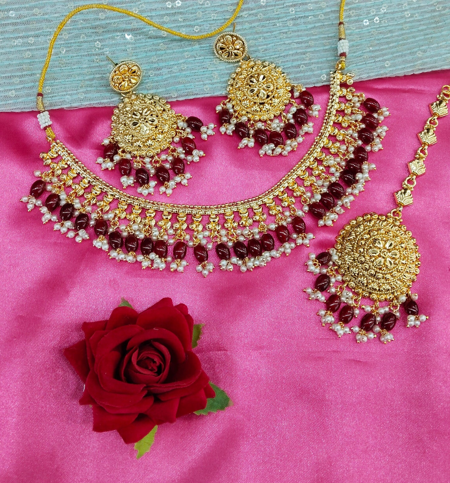 Maroon Gold Look Punjabi Style Necklace Jewellery Asha Set
