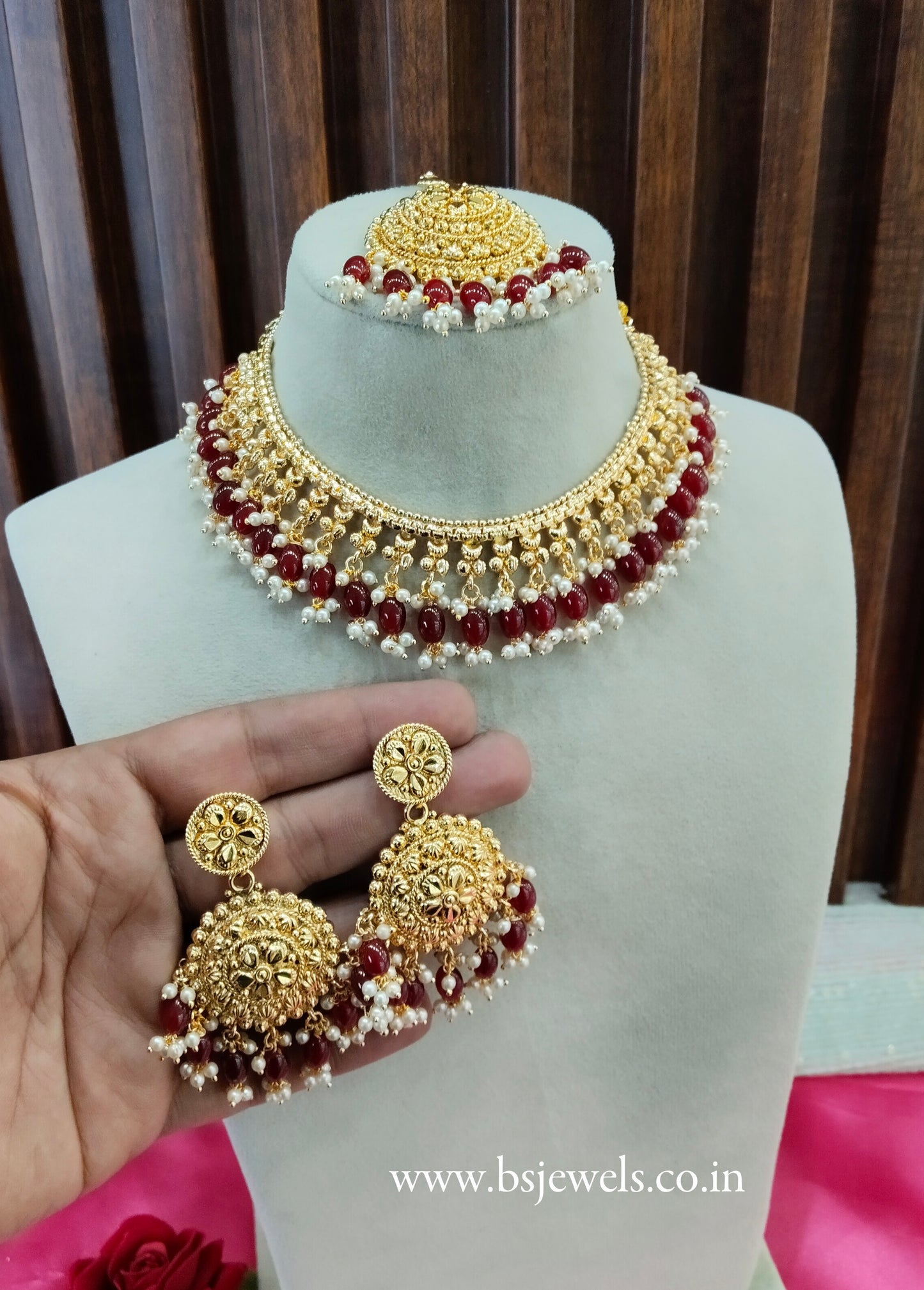 Maroon Gold Look Punjabi Style Necklace Jewellery Asha Set