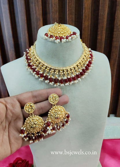 Maroon Gold Look Punjabi Style Necklace Jewellery Asha Set