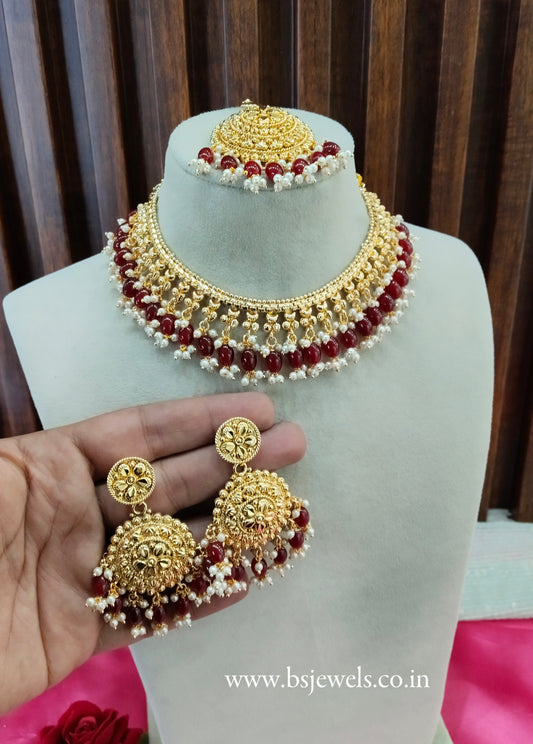 Maroon Gold Look Punjabi Style Necklace Jewellery Asha Set