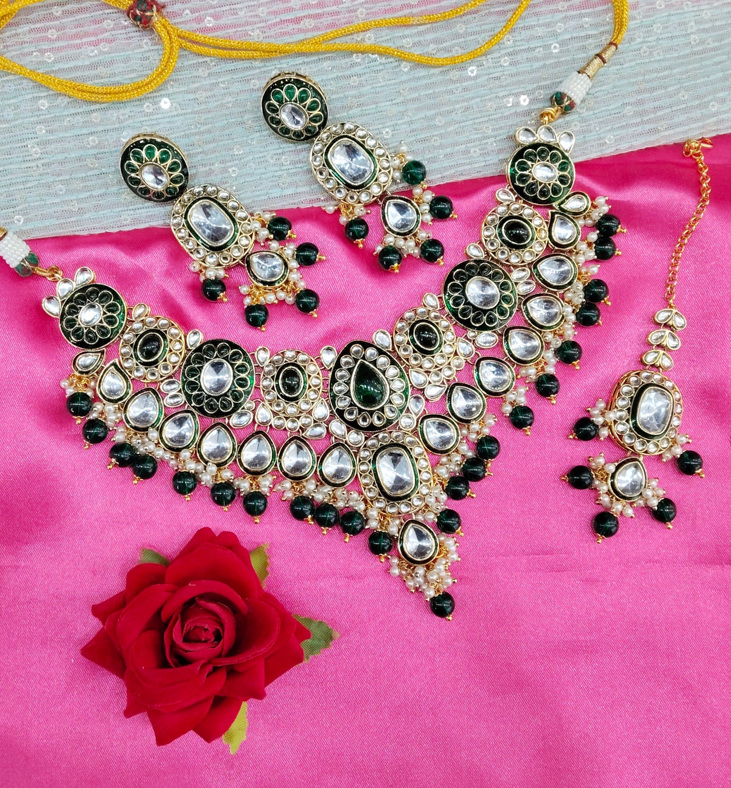 Green Meenakari Kundan Necklace Jewellery Aman Set