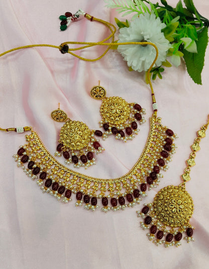 Maroon Gold Look Punjabi Style Necklace Jewellery Asha Set