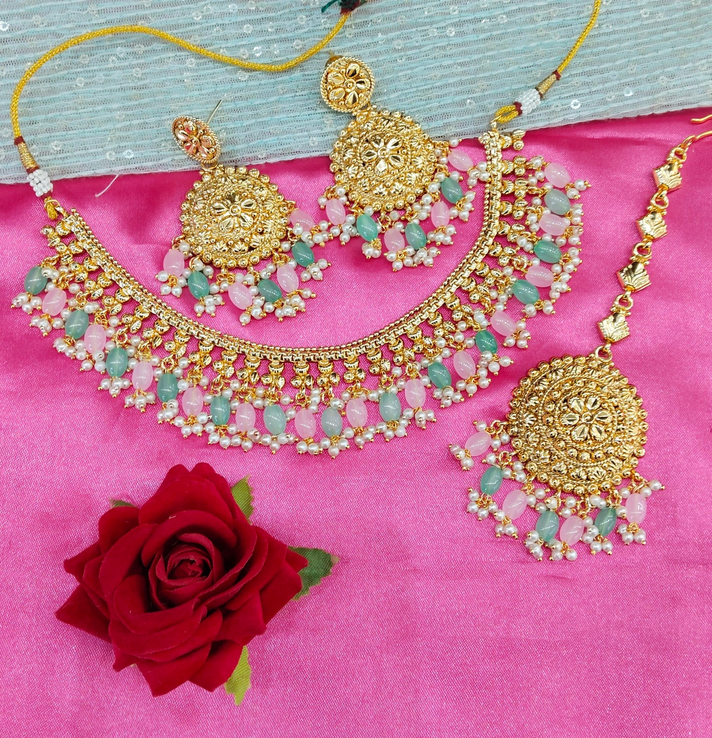 Mint Pink Gold Look Punjabi Style Necklace Jewellery Asha Set