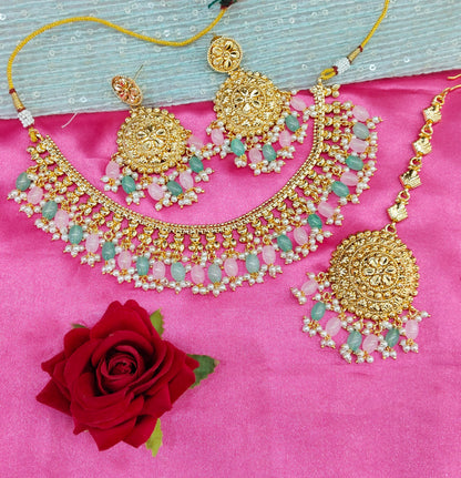 Mint Pink Gold Look Punjabi Style Necklace Jewellery Asha Set