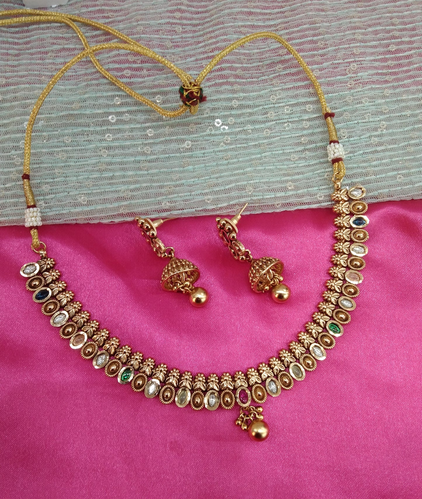 Multi Color Gold Polki Jhumki Necklace Jewellery Delta Set