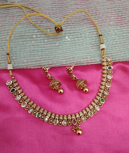 Multi Color Gold Polki Jhumki Necklace Jewellery Delta Set