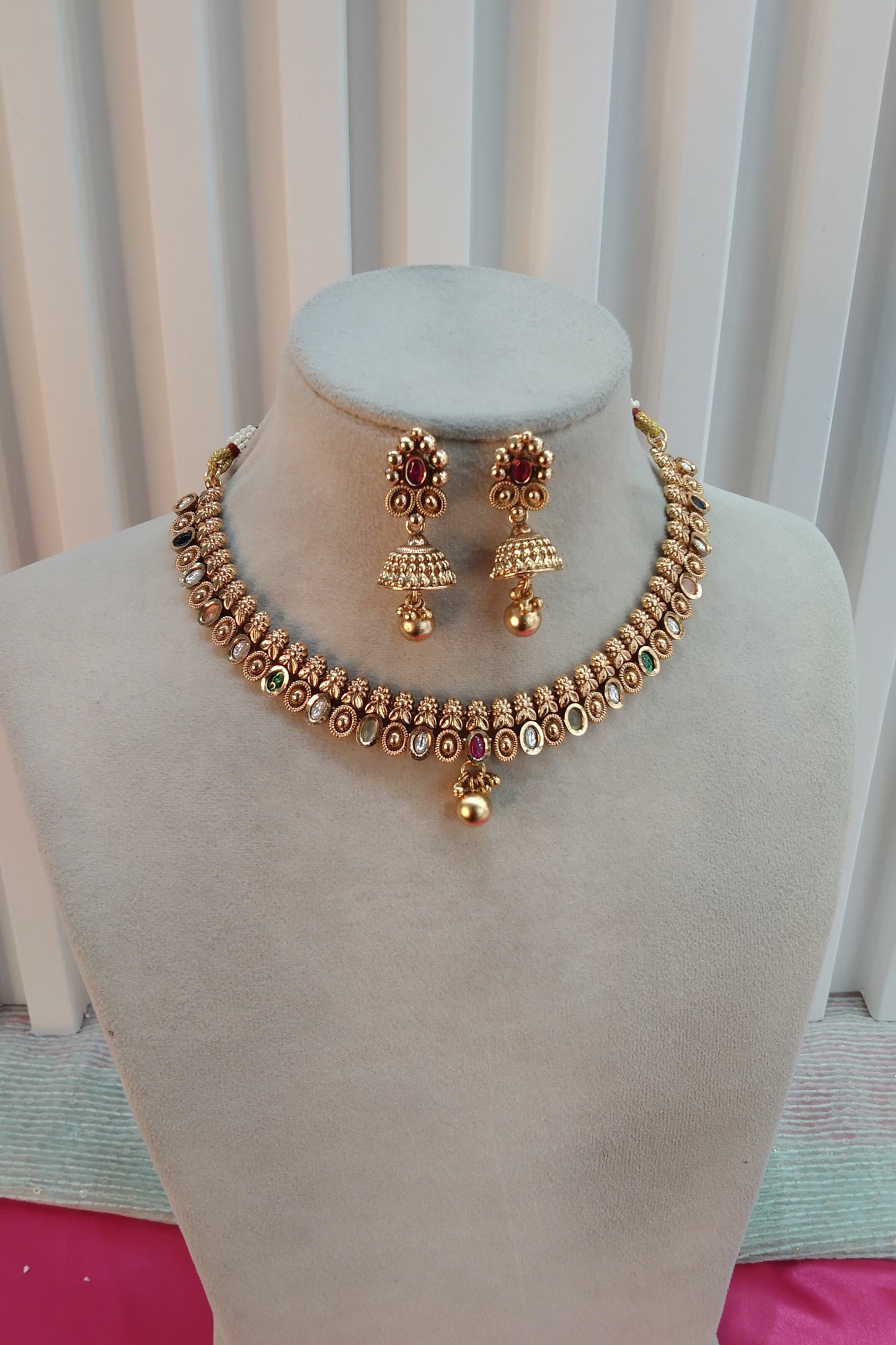 Multi Color Gold Polki Jhumki Necklace Jewellery Delta Set