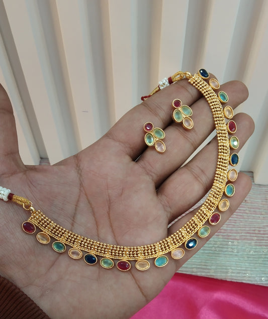 Multi Color Gold Polki  Necklace Jewellery Delta Set