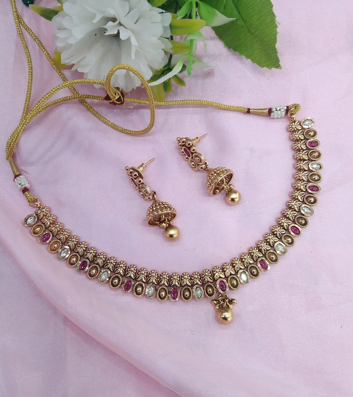 Ruby Gold Polki Jhumki Necklace Jewellery Delta Set