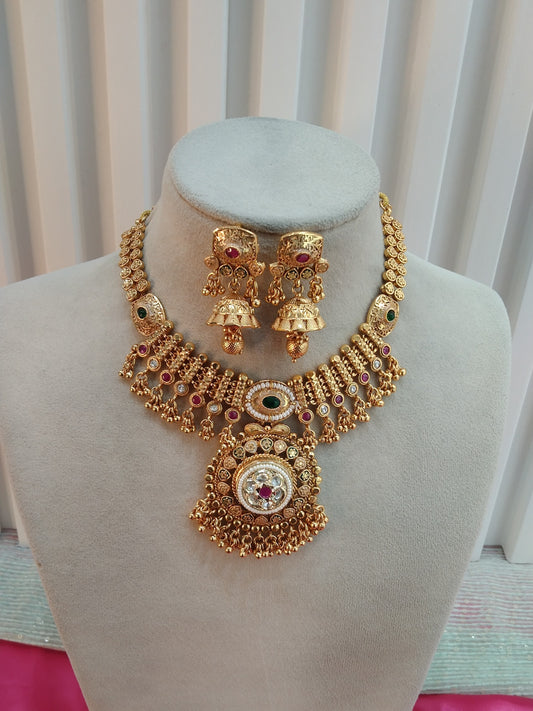 Ruby Green Gold Polki Jhumk Necklace Jewellery Delta Set