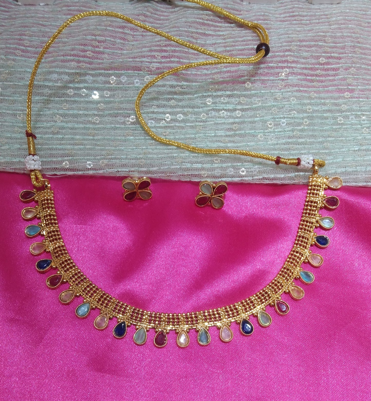 Multi Colour Gold Polki Necklace Jewellery Delta Set