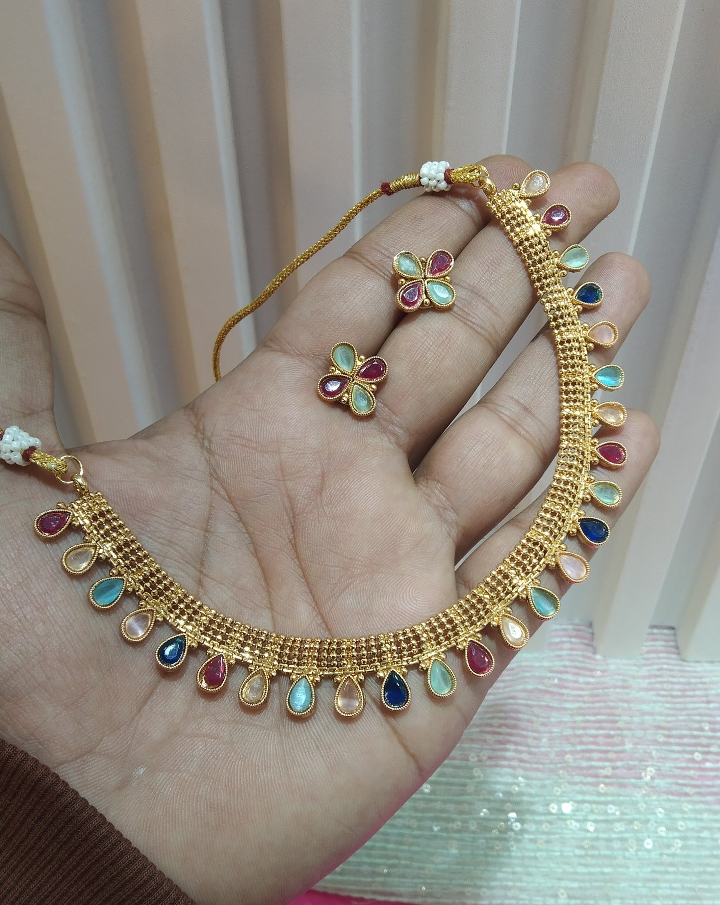 Multi Colour Gold Polki Necklace Jewellery Delta Set
