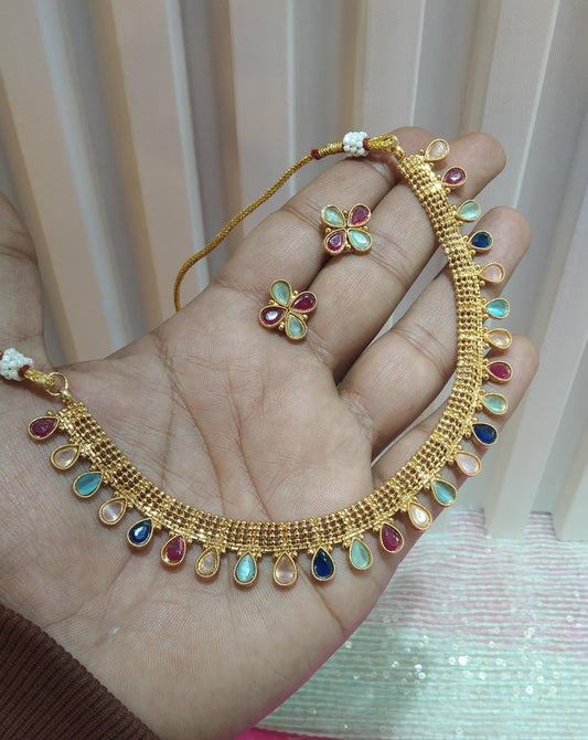 Multi Colour Gold Polki Necklace Jewellery Delta Set