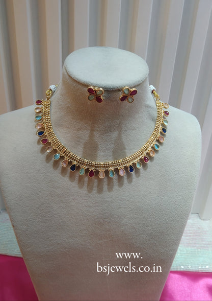 Multi Colour Gold Polki Necklace Jewellery Delta Set