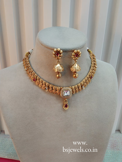 Ruby Gold Polki Jhumki Necklace Jewellery Delta Set
