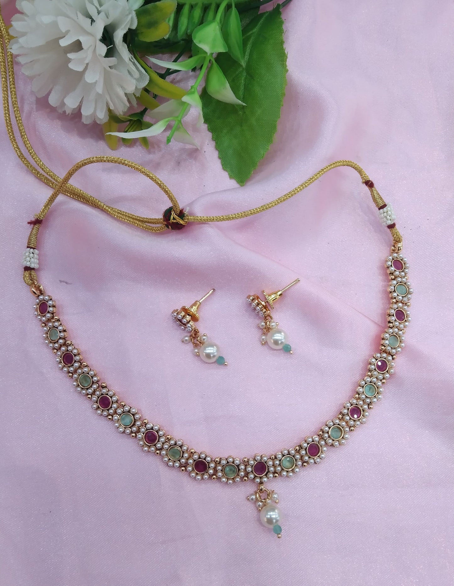 Ruby Pista Gold Polki Necklace Jewellery Delta Set