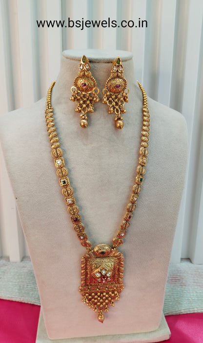 Ruby Green Gold Polki Long Rani Haar Necklace Jewellery Set