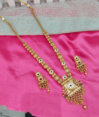 Ruby Green Gold Polki Long Rani Haar Necklace Jewellery Set