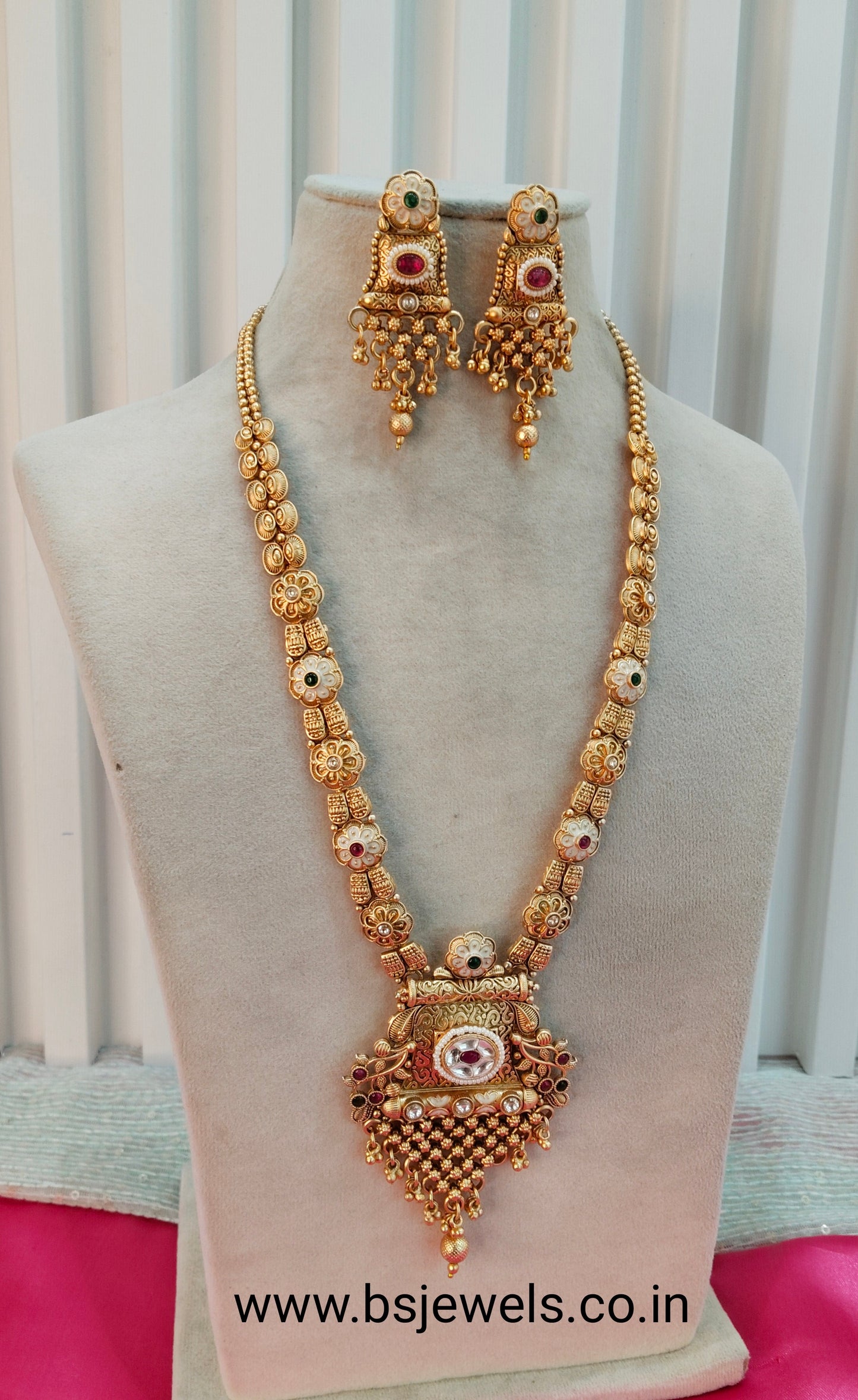 Ruby Green Gold Polki Long Rani Haar Necklace Jewellery Set