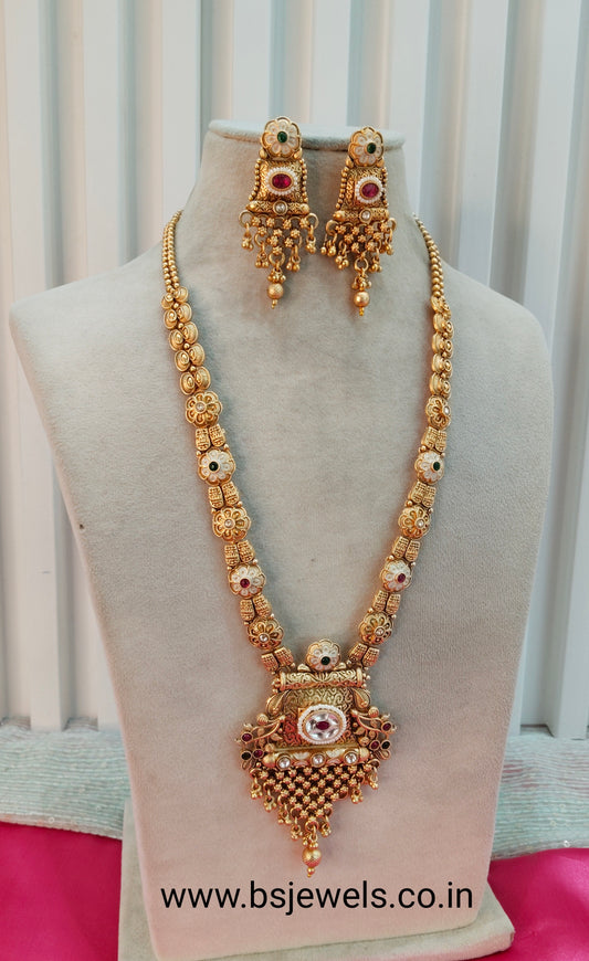 Ruby Green Gold Polki Long Rani Haar Necklace Jewellery Set