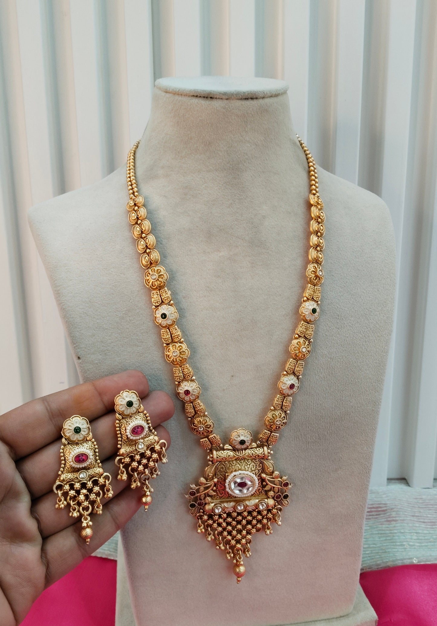 Ruby Green Gold Polki Long Rani Haar Necklace Jewellery Set
