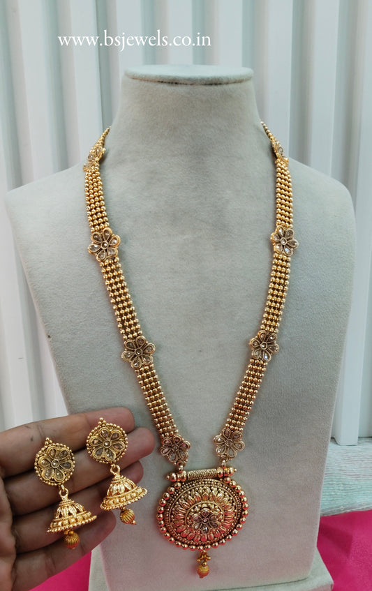 Gold Polki Long Rani Haar Jhumka Necklace Jewellery Set