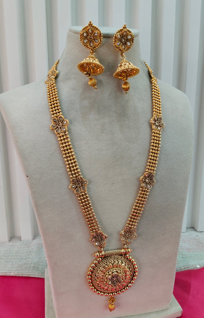 Gold Polki Long Rani Haar Jhumka Necklace Jewellery Set